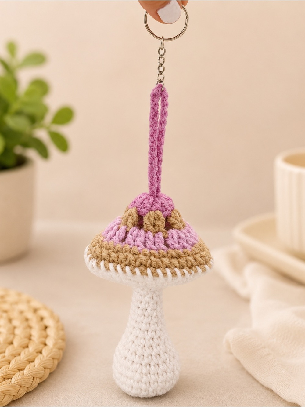 Handmade Crocheted Mushroom Keychain - Pink, Tan, White